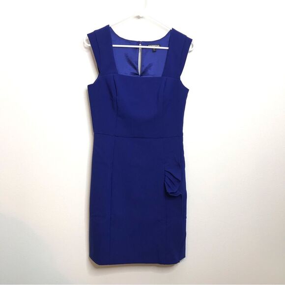 Express Womens Dress Royal Blue Sheath Square Neck Ruffle Size 4 - Picture 1 of 13